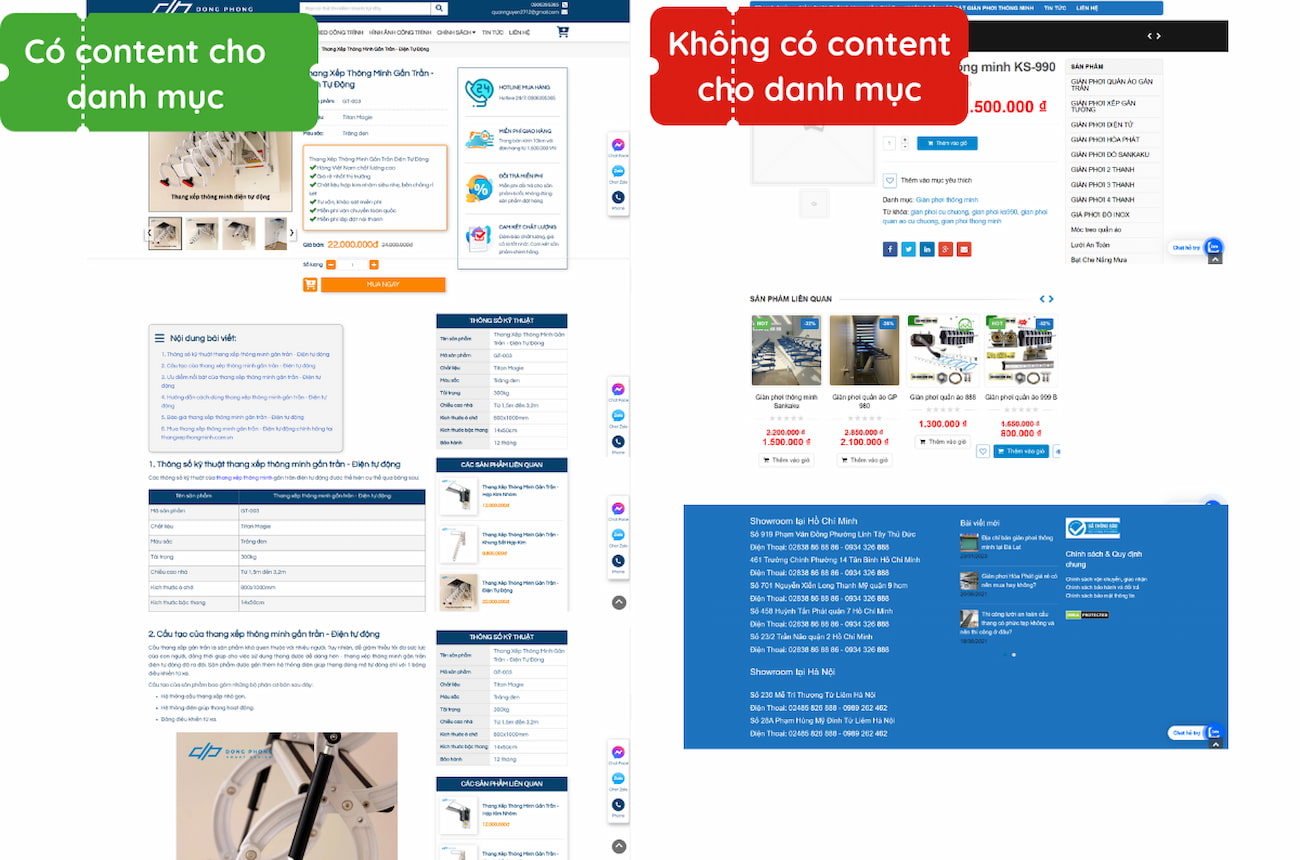 Trang website có content cho danh mục và không có content cho danh mục