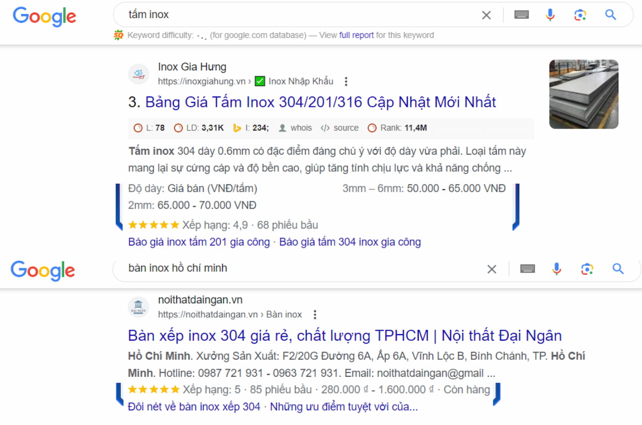 Kết quả tìm kiếm có áp dụng schema